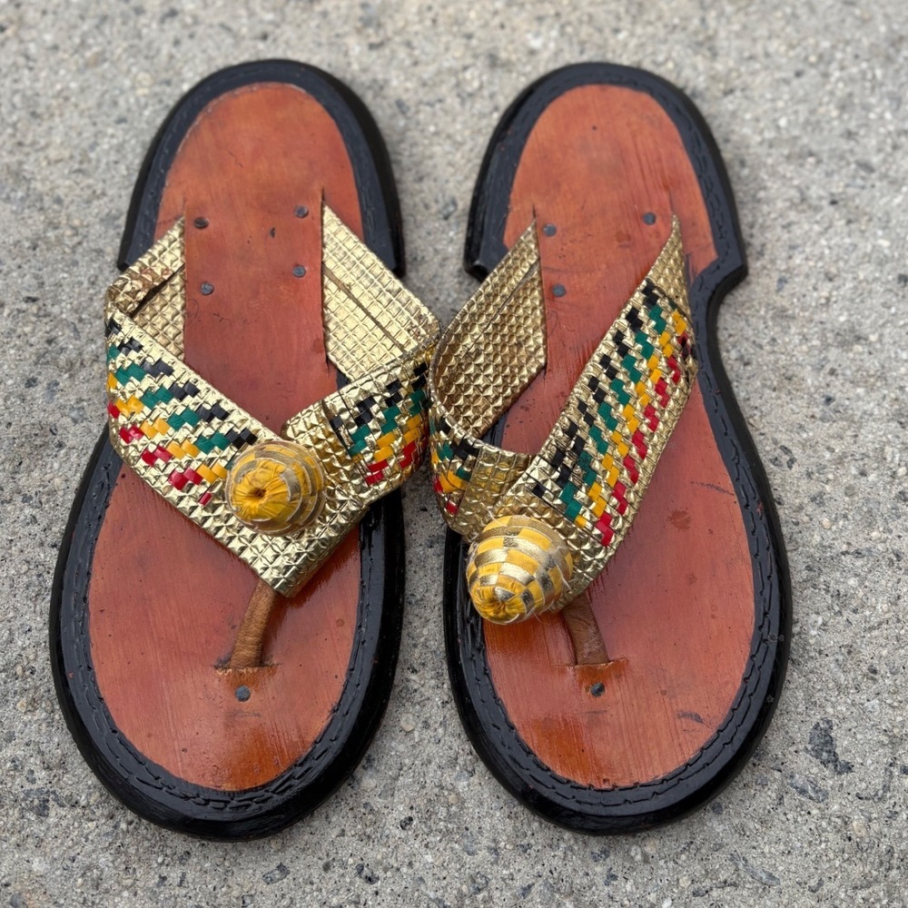 Ghanaian Handmade Leather Slippers Mens Traditional Kente Woven Sandals Shoe 10